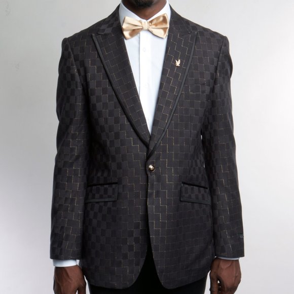 Black and Gold Mens Blazer Jacket w/ Peak Lapel